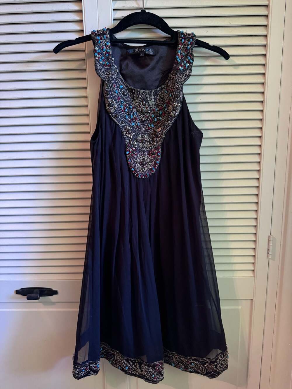 Sue Wong Nocturne Black Silk Sleeveless Embellished Beaded Cocktail Dress